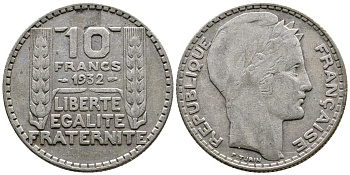 Франция 10 франков 1932 Пьер Тюрен KM 878, Le Franc 360.5 серебро 36-236