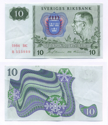ШВЕЦИЯ 10 КРОН 1984 СЕРИЯ BK, ГУСТАВ VI АДОЛЬФ Pick 52е бумага 6266-20-4