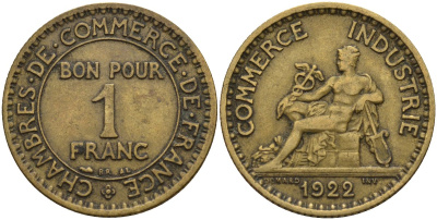 Франция 1 франк 1922 KM 876, Le Franc 218.5 алюминиевая бронза 4142-637