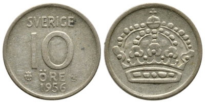 Швеция 10 эре 1956 TS, Густав VI Адольф (1950-1973) KM 823 серебро 3458-146