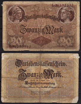 Германия 20 марок 1914 Минерва и Меркурий, герб Pick 48a бумага 8592-52-2-1