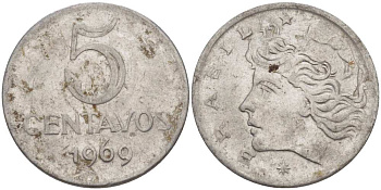 Бразилия 5 сентаво 1969 реформа 1967-1985, голова свободы влево KM 577.1 нержавеющая сталь 35-343