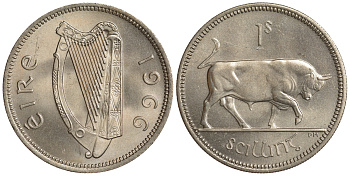 ИРЛАНДИЯ 1 ШИЛЛИНГ 1966 БЫК KM 14a медно-никель UNC 4390-355