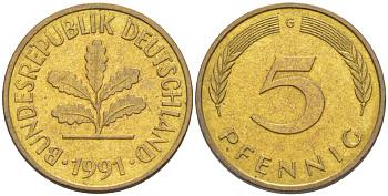 ФРГ 5 ПФЕННИГОВ 1991 G KM 107, J. 382 сталь плакированная латунью 4181-1034