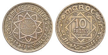 Марокко 10 франков 1947 AH 1366, год-тип Y 44 медно-никель 4671-215