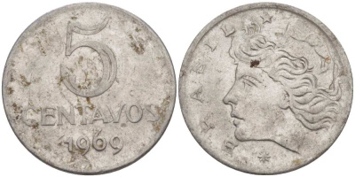 Бразилия 5 сентаво 1969 реформа 1967-1985, голова свободы влево KM 577.1 нержавеющая сталь 35-343