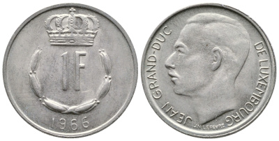 Люксембург 1 франк 1966 Великий герцог Жан (1964-1999) KM 55 медно-никель 259-1051