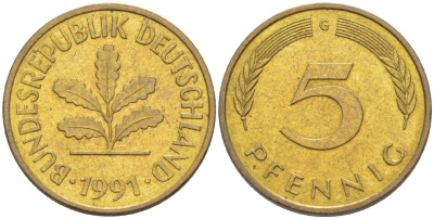 ФРГ 5 ПФЕННИГОВ 1991 G KM 107, J. 382 сталь плакированная латунью 4181-1034