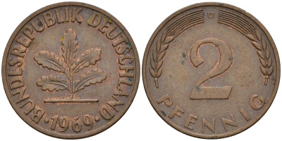 ФРГ 2 пфеннига 1969 D J.381a KM 106a сталь плакированная медью    4598-758