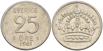 Швеция 25 эре 1961 TS, Густав VI Адольф (1950-1973) KM 824 серебро 4147-1118