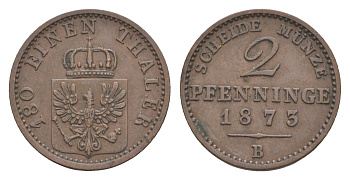 Пруссия 2 пфеннига 1873 B, Вильгельм I (1861-1888) KM 481, Jaeger 51, AKS 107, Olding 425 медь 4651-248