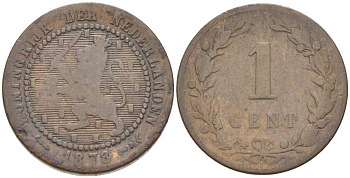 Нидерланды 1 цент 1878 Виллем III (1849-1890) KM 107 бронза 3309-1251