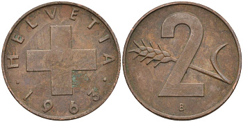 Швейцария 2 раппена 1963 В KM 47 бронза 4591-1241