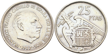 ИСПАНИЯ 25 ПЕСЕТ 1957 (59) ФРАНСИСКО ФРАНКО ДИКТАТОР ИСПАНИИ (1939-1975) KM 787 медно-никель 4589-134