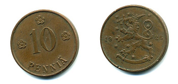 Финляндия 10 пенни 1926 республика (1918-1962) KM 24 медь 46-1515