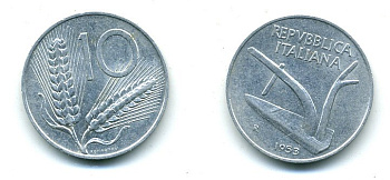 Италия 10 лир 1953 R, плуг, колосья KM 93 алюминий 25-923