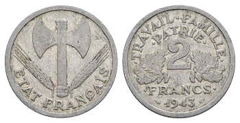 Франция 2 франка 1943 KM 904.1, Le Franc 270 алюминий 4631-542