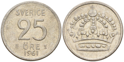 Швеция 25 эре 1961 TS, Густав VI Адольф (1950-1973) KM 824 серебро 4147-1118