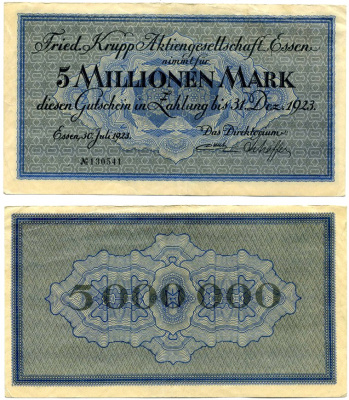 Эссен 5000000 марок (5 миллионов) 1923 30 июля 1923 - 31 декабря 1923, нотгельд, земля Северный Рейн-Вестфалия, НОМЕР ЧЕРНЫЙ Keller 1429f бумага 7191-43-2-2