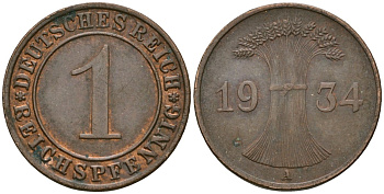 Германия 1 рейхспфенниг 1934 A KM 37, J. 313 бронза 4189-1254
