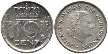 Нидерланды 10 центов 1980 Юлиана (1949-1980) KM 182 никель 96-1252