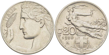 ИТАЛИЯ 20 ЧЕНТЕЗИМО 1920 R, ВИКТОР ИММАНУИЛ III (1900-1946) KM 44 никель 4519-633