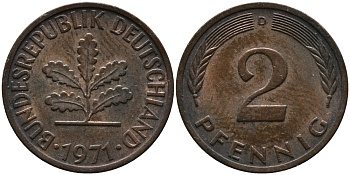 ФРГ 2 пфеннига 1971 D KM 106а, J.381а сталь плакированная медью 99-169