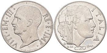 ИТАЛИЯ 20 ЧЕНТЕЗИМО 1941 R, ГОД XIX, ВИКТОР ЭММАНУИЛ III (1900-1946) KM 75b, VEM3. 1028 нержавеющая сталь 3853-1131