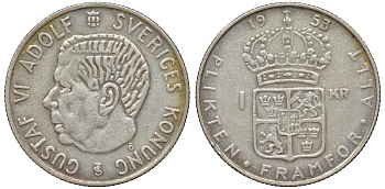 Швеция 1 крона 1953 TS, Густав VI Адольф (1950-1973) KM 826 серебро 4178-731