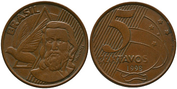 Бразилия 5 сентаво 1998 KM 648, Schon 156 сталь плакированная медью 4523-946