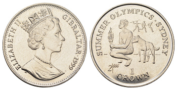 Гибралтар 1 крона 1999 XXVII Летние Олимпийские игры, Сидней 2000 - Человек с факелом и собакой динго KM 793 медно-никель BU 1524-1943