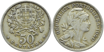 Португалия 50 сентаво 1940 KM 577 медно-никель 4395-831