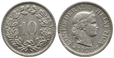 Швейцария 10 раппенов 1978 В KM 27 медно-никель 220-412