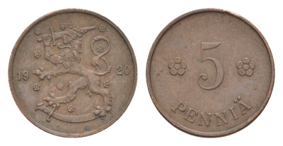 Финляндия 5 пенни 1920 KM 22 медь 4636-427