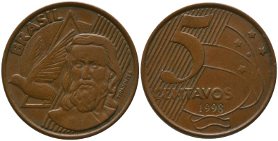 Бразилия 5 сентаво 1998 KM 648, Schon 156 сталь плакированная медью 4523-946
