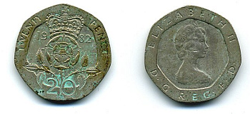 Великобритания 20 пенсов 1982 Елизавета II (1952-2022) KM 931, Spink 4230 (G1) медно-никель 4110-945