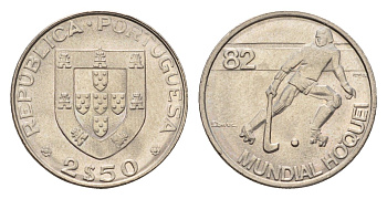 Португалия 2,5 эскудо 1982 Чемпионат мира по хоккею на роликах KM 613 медно-никель UNC 4679-533