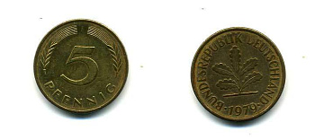 ФРГ 5 ПФЕННИГОВ 1979 J KM 107, J.382 сталь плакированная латунью 83-1932