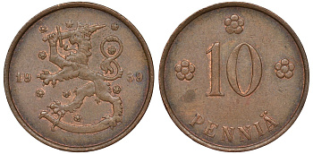 Финляндия 10 пенни 1939 KM 24 медь 51-3156