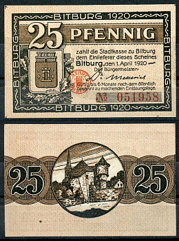 Германия, Битбург 25 пфеннигов 1920 нотгельд, 1.4.1920 Tieste 0705/25 бумага UNC (пресс) 8614-41-2-2