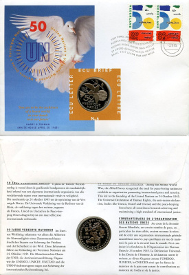 Нидерланды 1 экю 1995 50 лет Организации Объединенных Наций, в оригинальном конверте, с марками, первый день гашения X 206 медно-никель BU 4-3-8-26