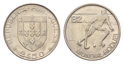 Португалия 2,5 эскудо 1982 Чемпионат мира по хоккею на роликах KM 613 медно-никель UNC 4679-533