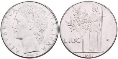 ИТАЛИЯ 100 ЛИР 1981 R, АФИНА У ОЛИВКОВОГО ДЕРЕВА KM 96.1 нержавеющая сталь 4545-722