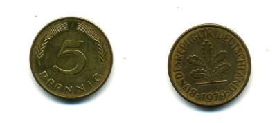 ФРГ 5 ПФЕННИГОВ 1979 J KM 107, J.382 сталь плакированная латунью 83-1932