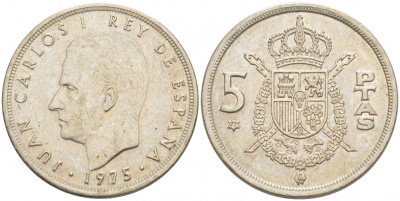 ИСПАНИЯ 5 ПЕСЕТ 1975 (77) ХУАН КАРЛОС I KM 807 медно-никель 3718-613