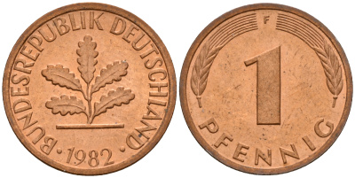 ФРГ 1 пфенниг 1982 F KM 105, J. 380 сталь плакированная медью    4598-622