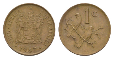ЮАР 1 цент 1987 герб, капские воробьи KM 82 бронза 4608-542