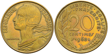 Франция 20 сантимов 1968 тип Marianne KM 930 медь алюминий никель    4595-1056