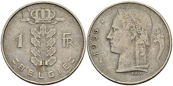 БЕЛЬГИЯ 1 ФРАНК 1956 BELGIE KM 143.1 медно-никель 4546-344