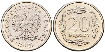 Польша 20 грошей 2007 MW KM 280, Parchimowicz 705o медно-никель 4580-716